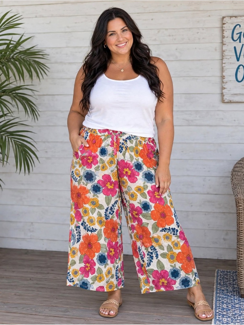 Angie Floral Wide Leg Raw Hem Pants Size Large